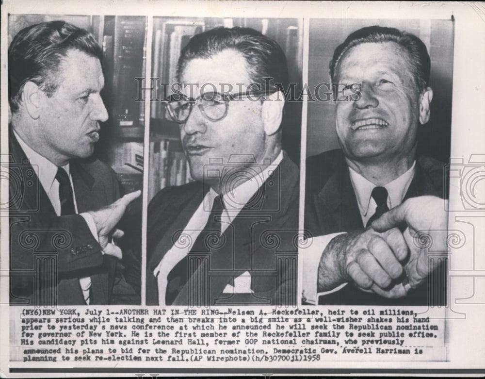 1958 Press Photo Nelson Rockefeller talking and shaking hands with a supporter - Historic Images