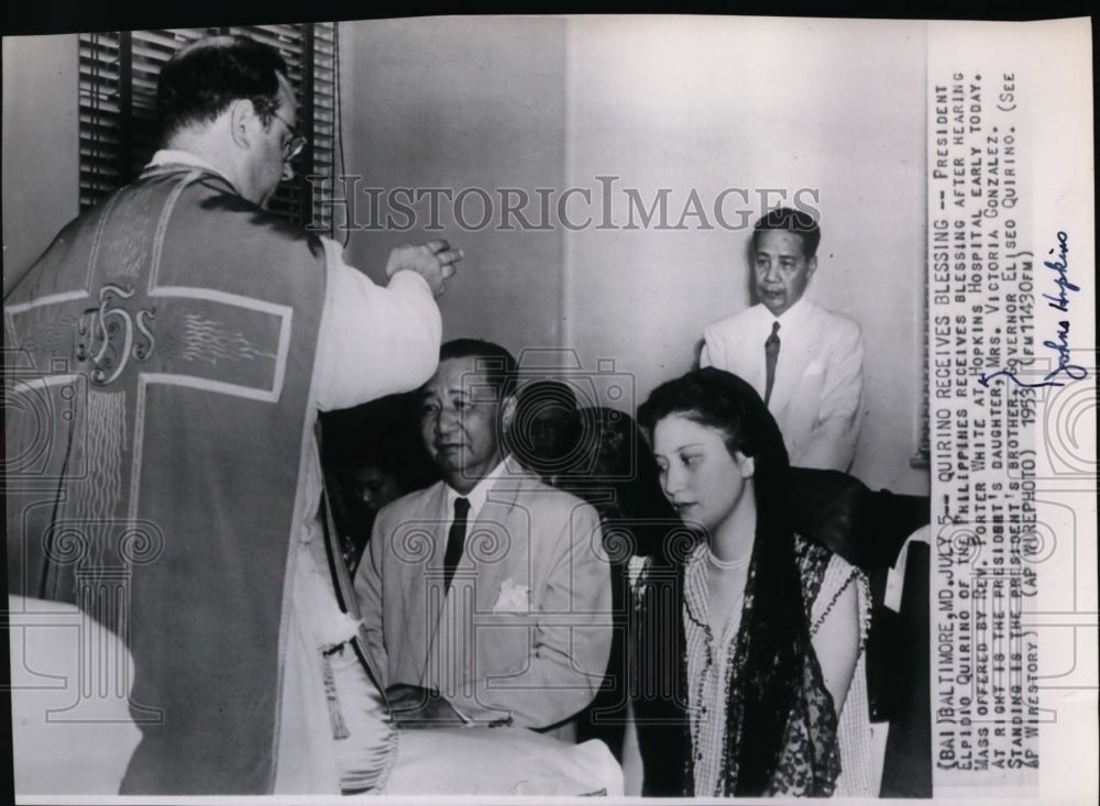 1953 Philippine President Quirino gets blessed at John Hopkins Hosp. - Historic Images