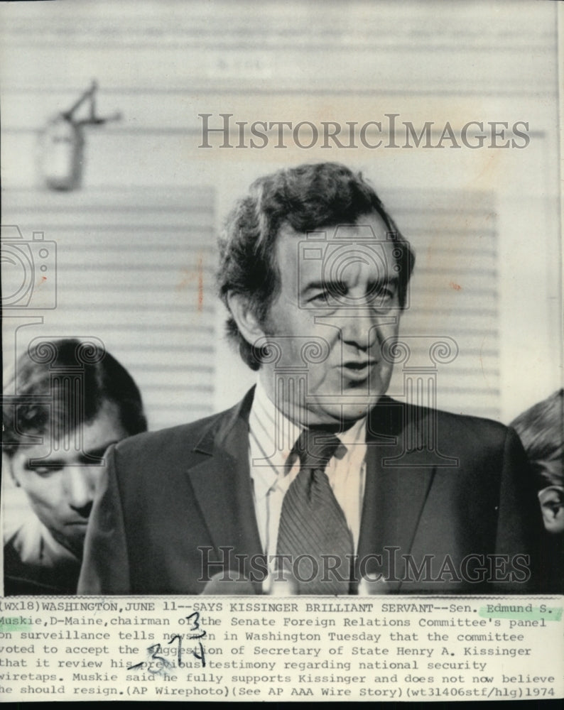 1974 Sen. Edmund Muskie says Henry Kissinger a brilliant servant - Historic Images