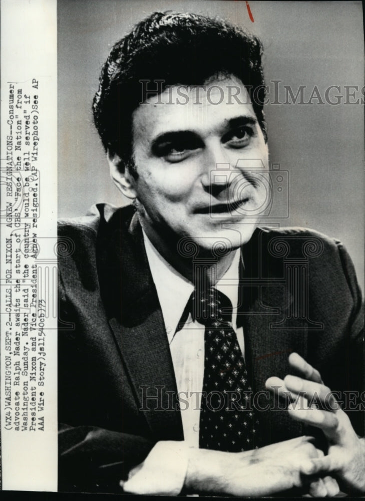 1973 Press Photo Ralph Nader awaits the start of CBS&#39; Face the Nation - Historic Images