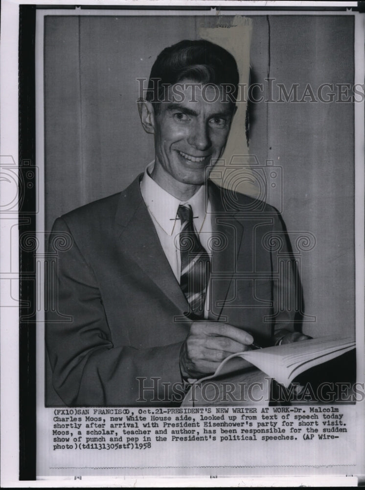 1958 Press Photo White House aide Dr. Malcolm Charles Moos during short visit- Historic Images