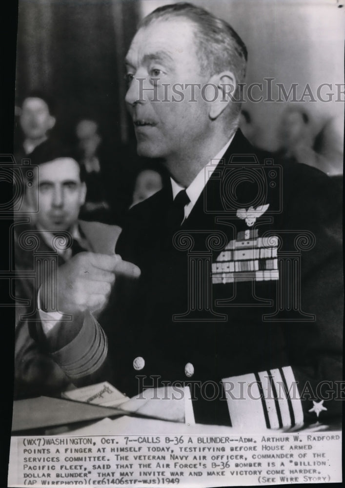 1949 Press Photo Adm. Radford testifying before House Armed Services Committee - Historic Images