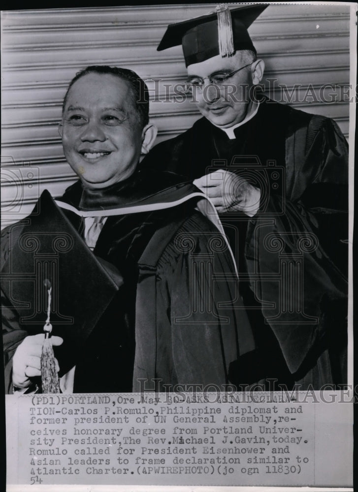 1954 Press Photo Carlos P Romulo receives honorary degree from Rev Michael Gavin - Historic Images