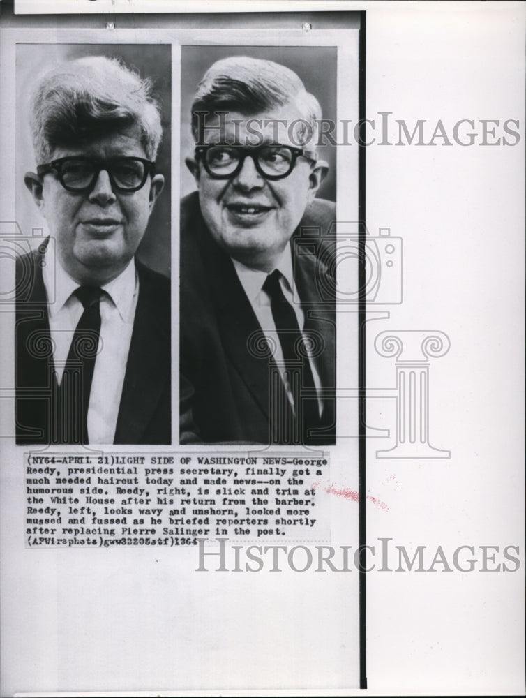 1964 Press Photo Presidental Press Secretary George Reedy before &amp; after haircut - Historic Images