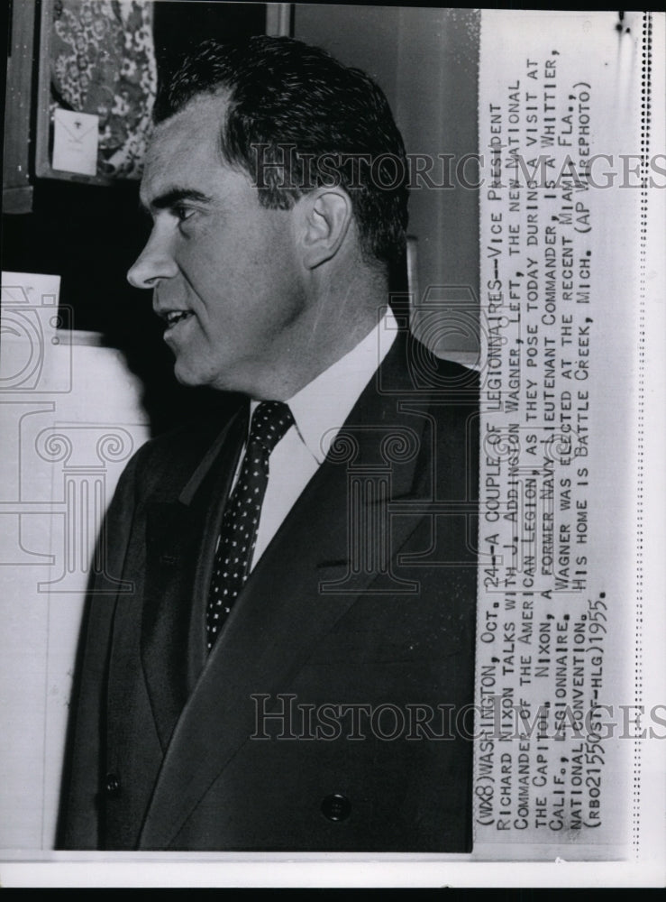 1955 Press Photo Vice President Richard Nixon talks with J. Addington Wagner-Historic Images