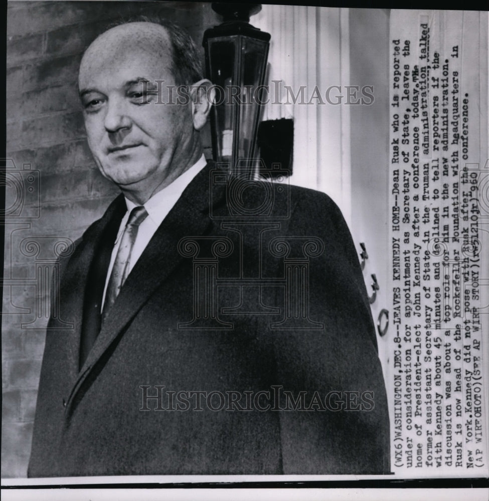 1960 Press Photo Dean Rusk at President-elect John Kennedy&#39;s home for conference - Historic Images