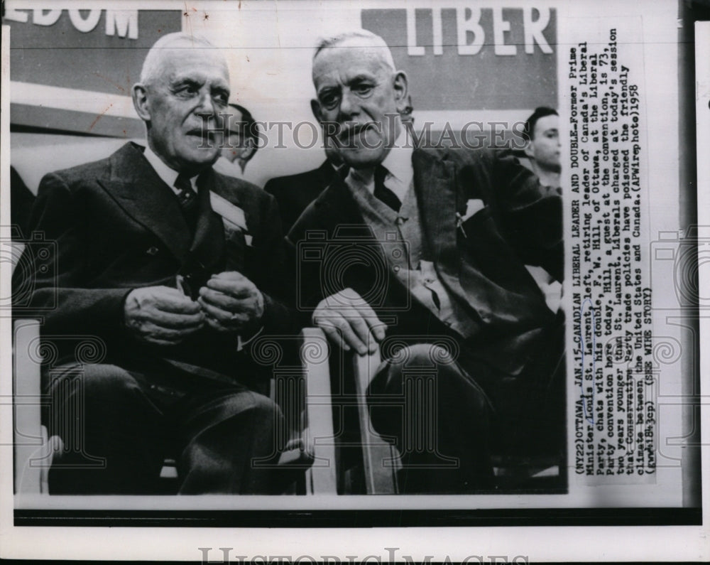 1958 Press Photo Former Prime Minister Louis St. Laurent &amp; F.W. Hill in Canada. - Historic Images
