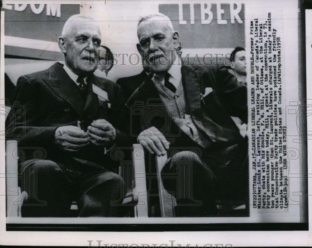 1958 Press Photo Former Prime Minister Louis St. Laurent & F.W. Hill in Canada. - Historic Images