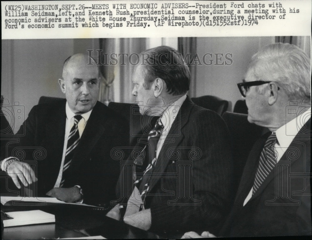 1974 President Ford chats with William Seidman and Kenneth Rush - Historic Images