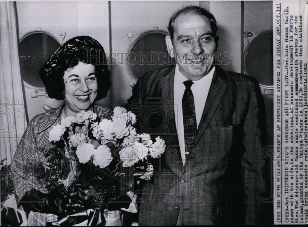 1962 Press Photo Governor Luis Munoz Marin with his wife in Puerto Rico. - Historic Images