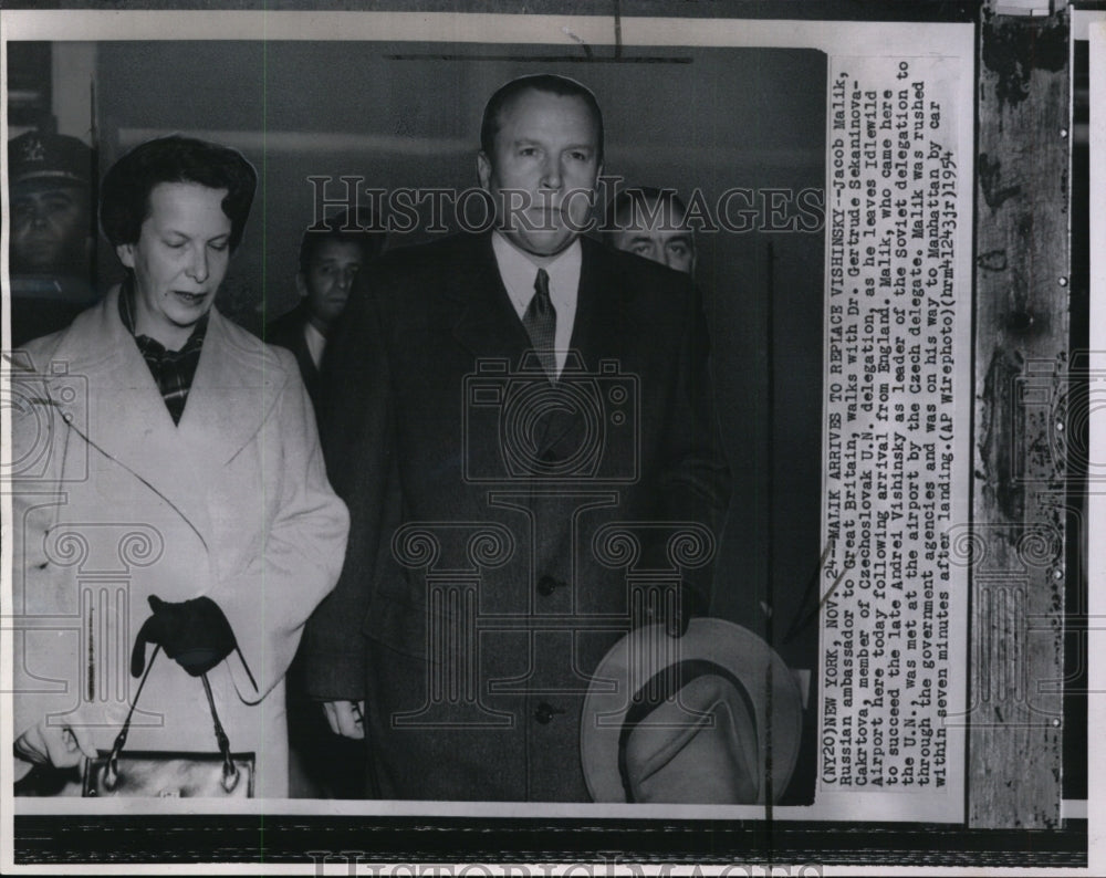 1954 Press Photo Jacob Malik walks with Dr. Gertrude Sekaninova-Cakrtova - Historic Images