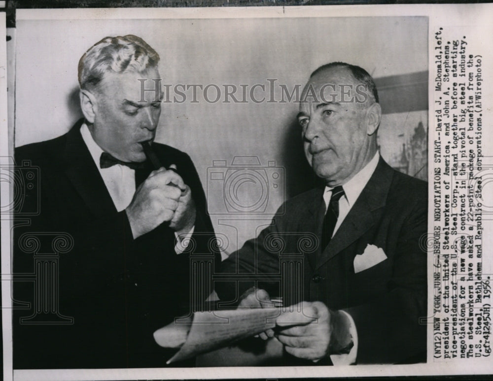 1956 Press Photo Steel Men, David J. McDonald &amp; John A. Stephens-wage contracts - Historic Images