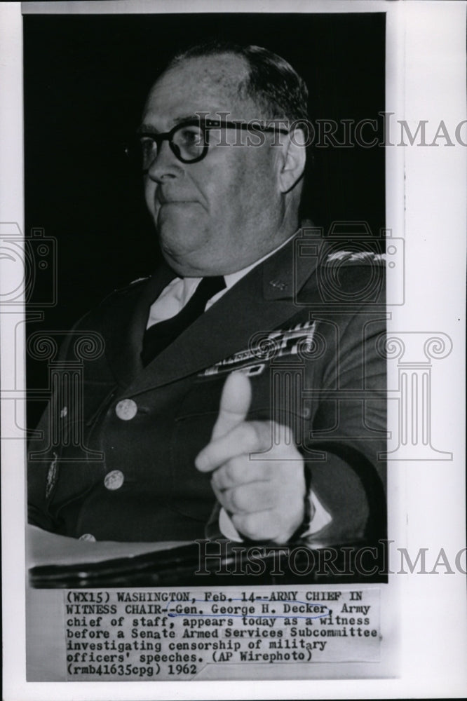 1962 Press Photo General George H. Decker appears before Senate Subcommittee - Historic Images