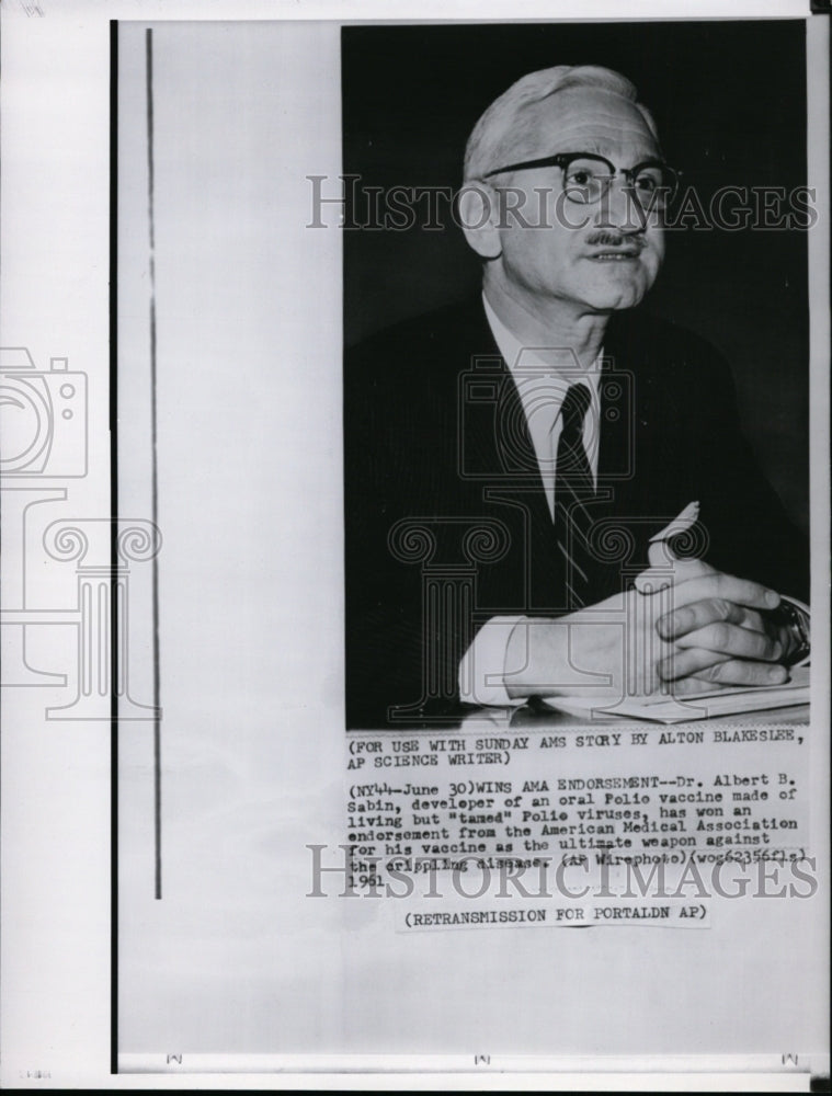 1961 Press Photo Dr. Albert B. Sabin, developer of an oral Polio vaccine.-Historic Images