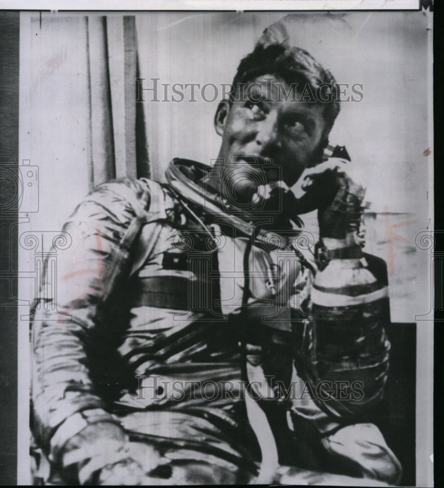 1962 Press Photo Cmdr. Schirra takes a phone call after emerging from Sigma 7 - Historic Images