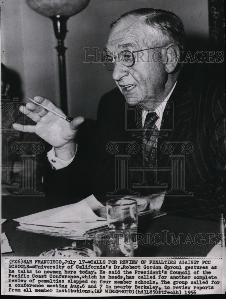 1956 Press Photo Dr. Robert Gordon Sproul, gestures as he talks with newsman.-Historic Images