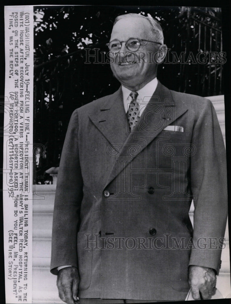 1952 Press Photo President Harry Truman returns to White House from the hospital - Historic Images