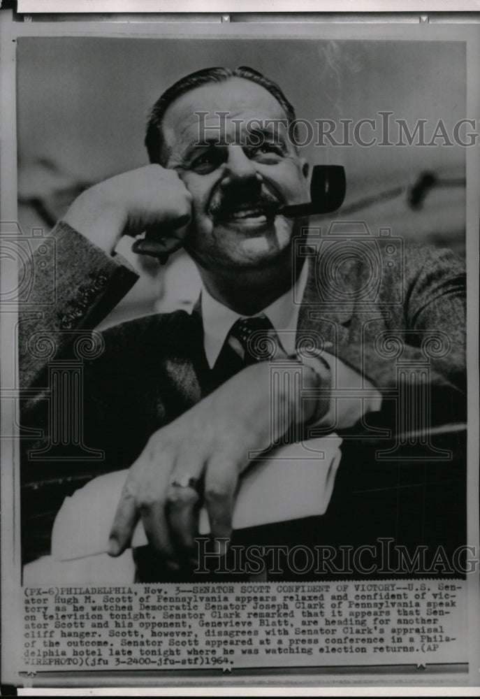 1964 Press Photo Senator Hugh Scott of Pennsylvania confident of his victory - Historic Images