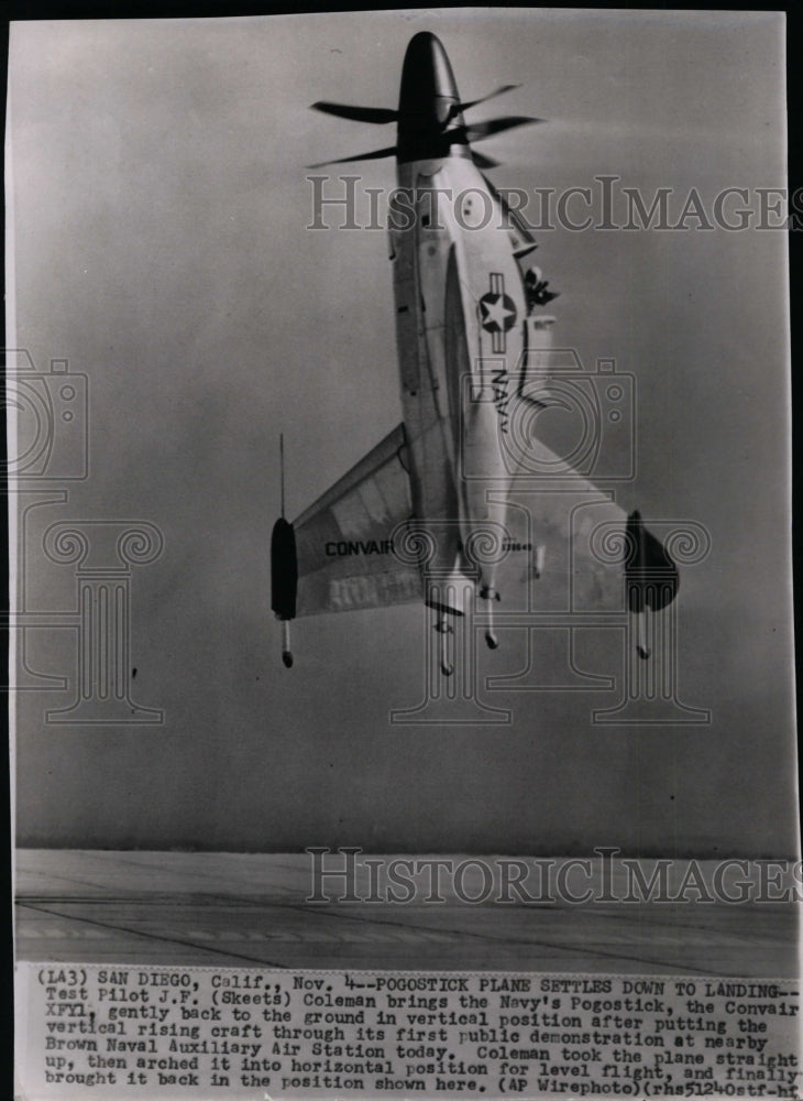 1954 Press Photo Test Pilot JF Coleman controls Navy&#39;s Pogostick Convair XFYI - Historic Images