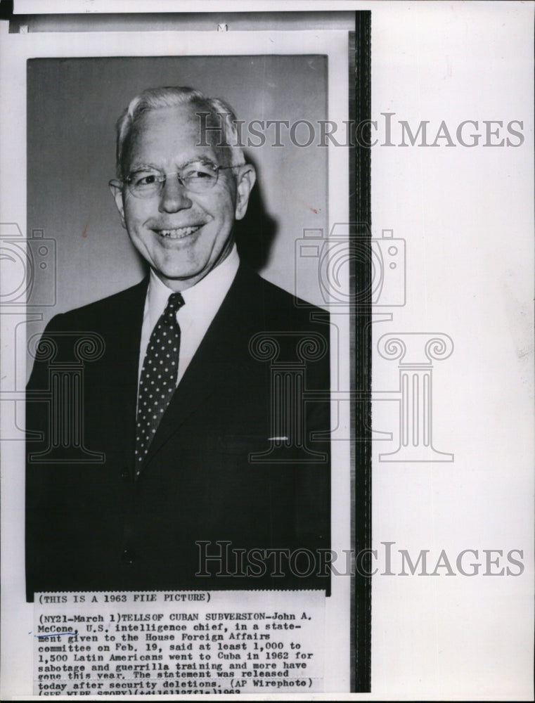1963 Press Photo John A. McCone, U.S. Intelligence Chief, releases statement - Historic Images