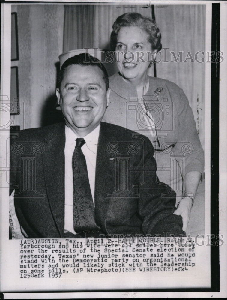 1957 Press Photo Ralph W. Yarborough &amp; wife, smile at Senate election. - Historic Images