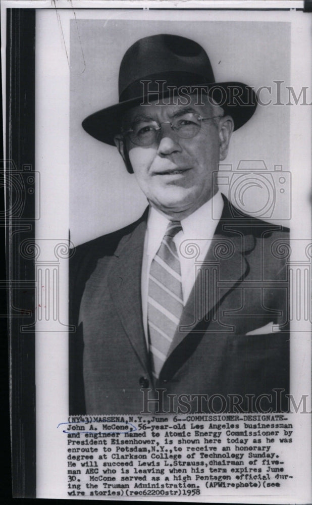 1958 Press Photo John McCone named Atomic Energy Commissioner by Eisenhower - Historic Images