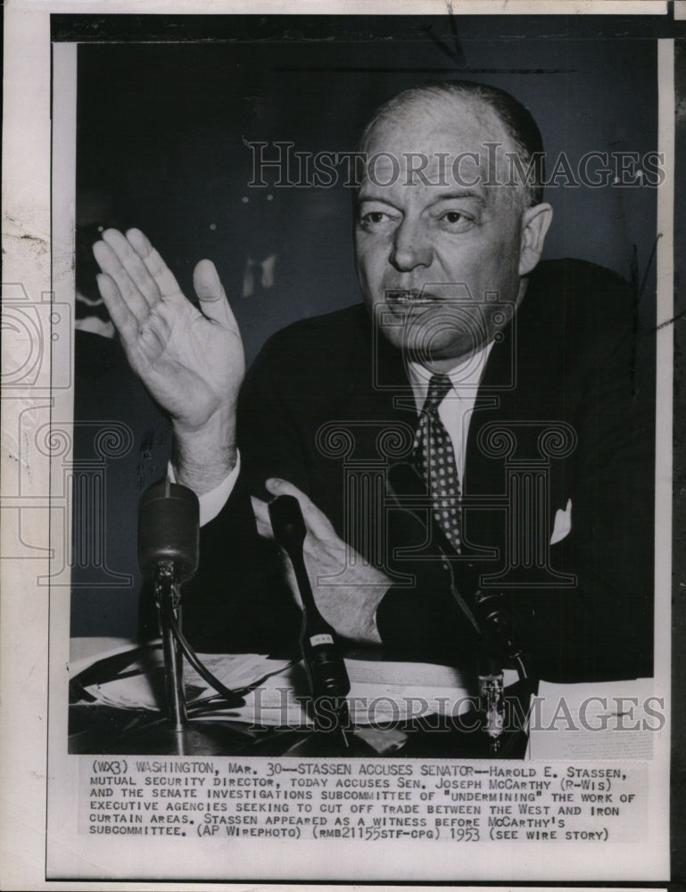 1953 Press Photo Harold E. Stassen speaks at Senate Investigations Subcommittee-Historic Images