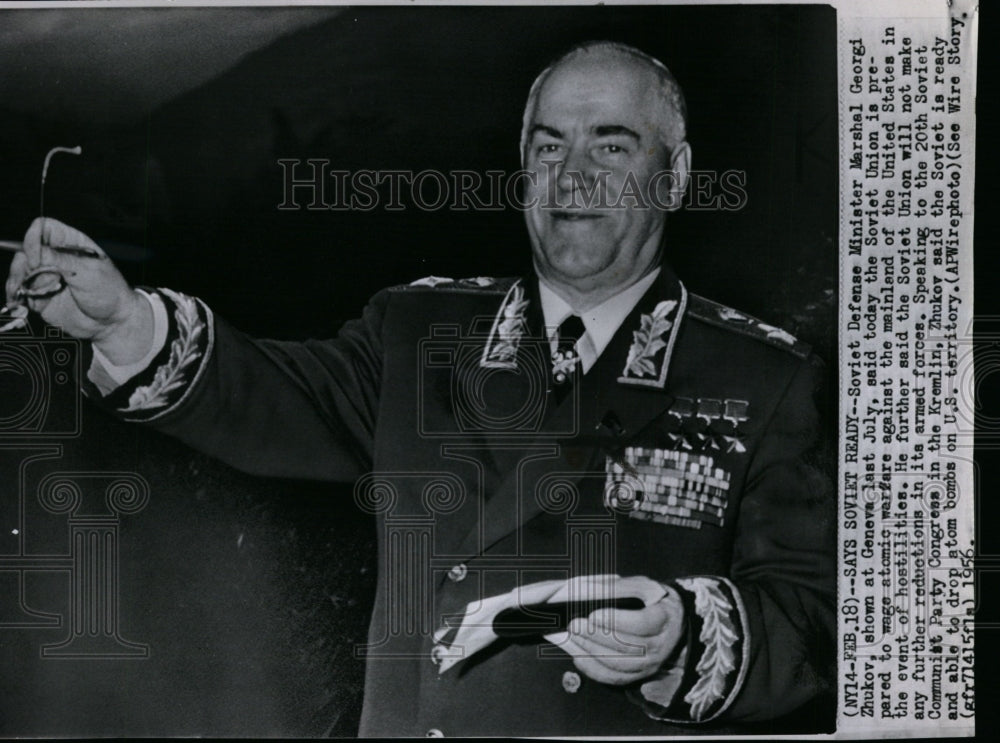 1956 Press Photo Soviet Defense Minister Marshal Georgi Zhukov in Geneva. - Historic Images