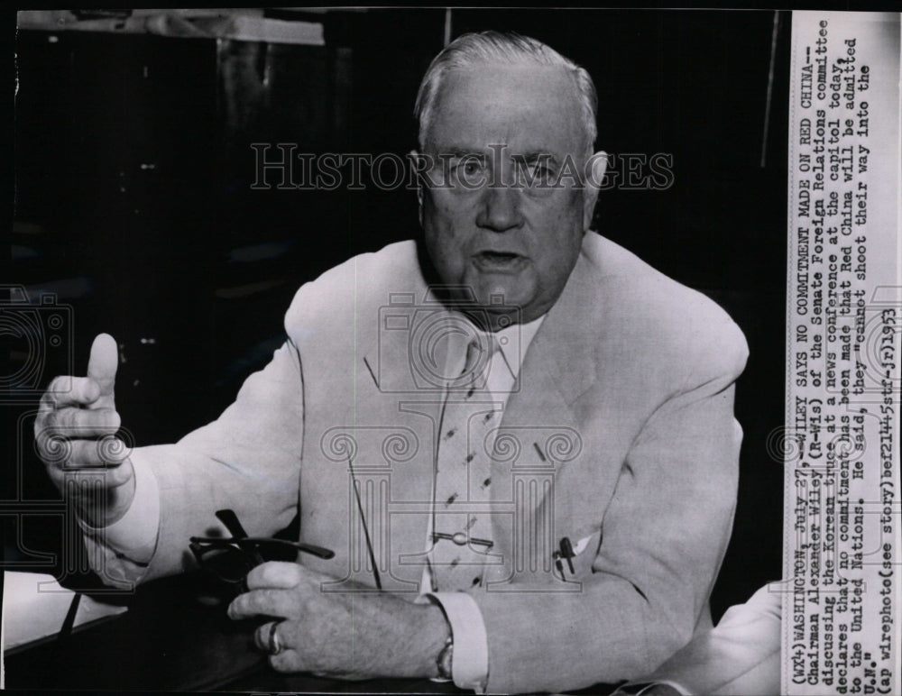 1953 Press Photo Chairman Alexander Wiley discusses Korean truce at conference - Historic Images