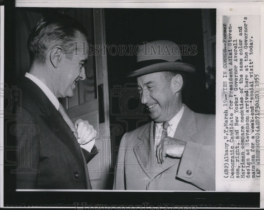 1955 Press Photo Ex-candidate Adlai Stevenson &amp; Averell Harriman compare ties-Historic Images