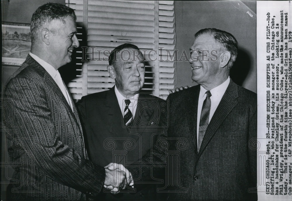 1959 Press Photo Chicago Cubs president Phil Wrigley with Bob Scheffing &amp; Grimm - Historic Images