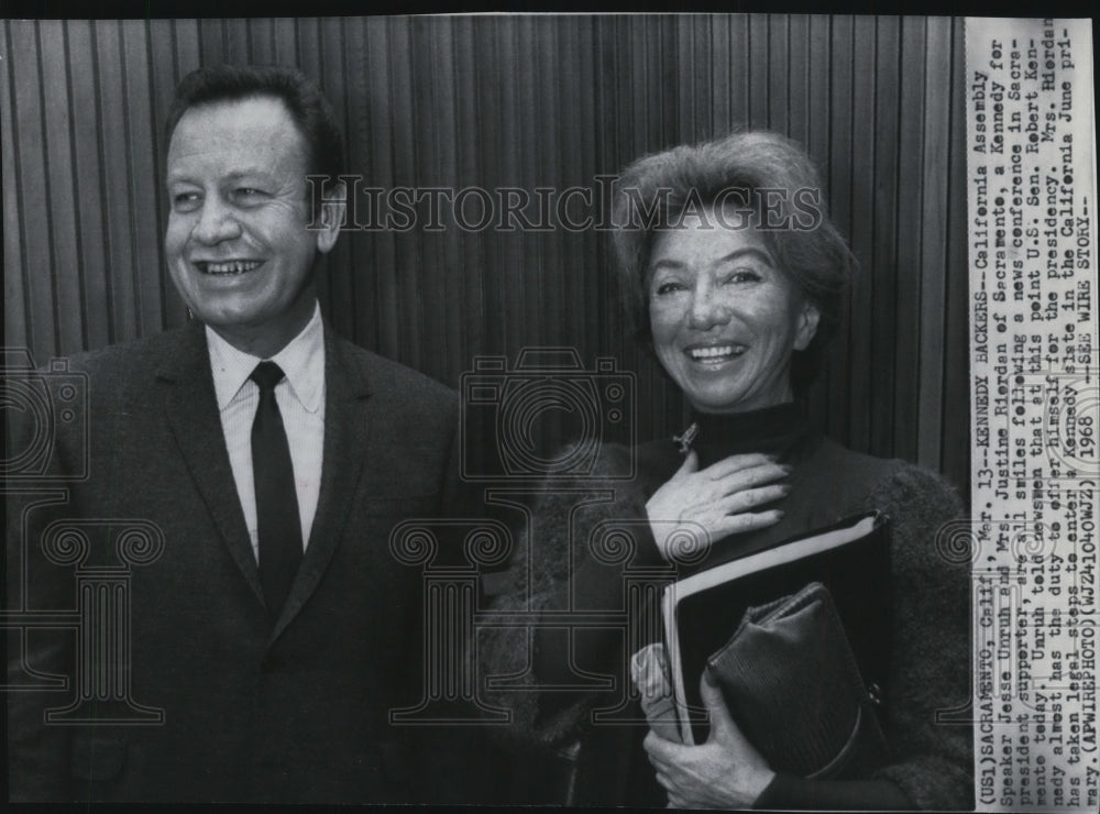 1968 Press Photo Speaker Jesse Unruh &amp; Mrs. Justine Rierdan, at Assembly. - Historic Images