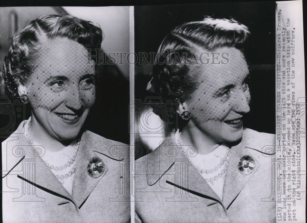 1952 Press Photo Margaret Truman, changes coiffure on a vacation trip. - Historic Images