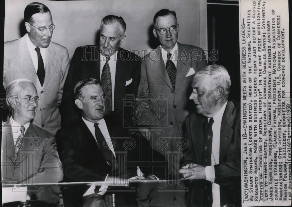 1950 Press Photo Head of the National security Stuart Symington at meeting. - Historic Images