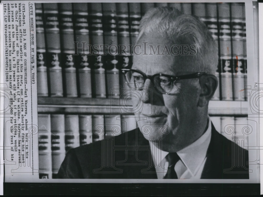 1963 Press Photo Chief Justice of the U.S., Earl Warren, to retire from post - Historic Images