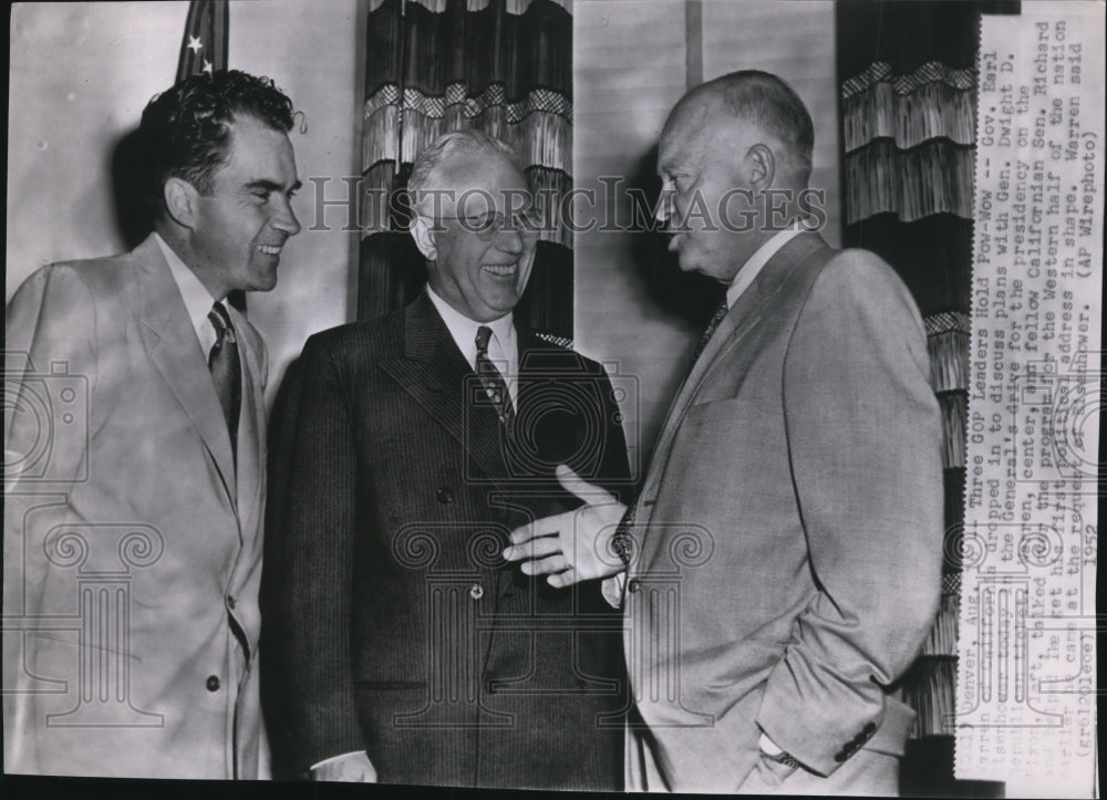 1952 Press Photo Gov. Earl Warren with Gen. Dwight D. Eisenhower in Denver - Historic Images