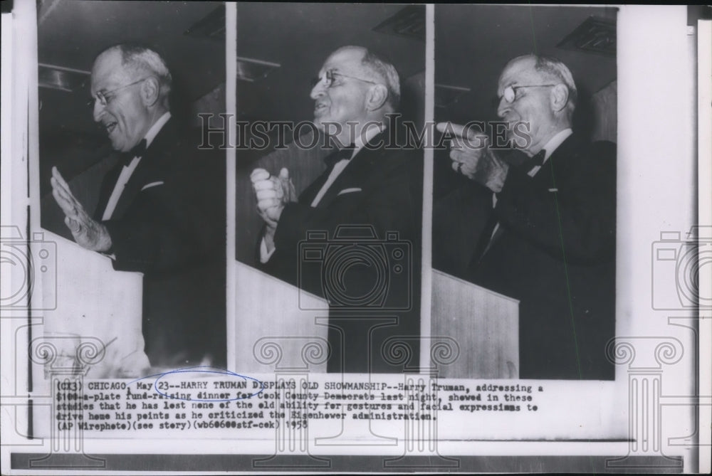 1958 Press Photo Harry Truman addresses fund-raising dinner for Cook County - Historic Images