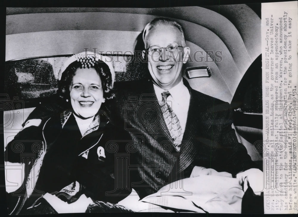 1951 Press Photo Governor &amp; Mrs. Earl Warren leave hospital after operation - Historic Images