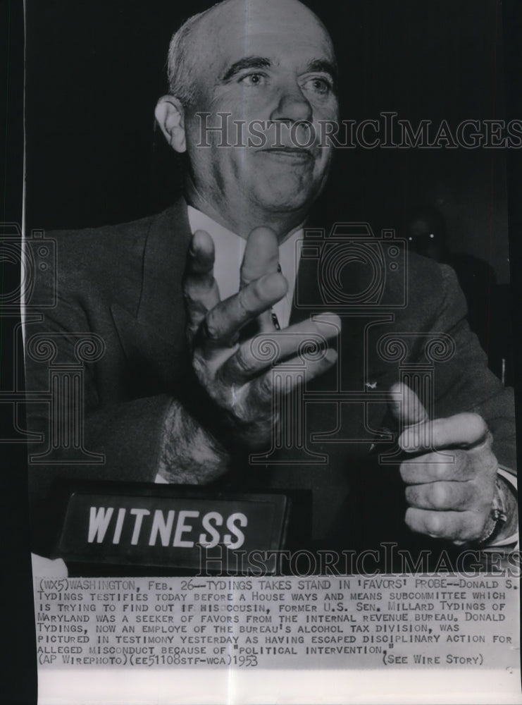 1953 Press Photo Donald S. Tydings testifies at House and Means Subcommittee - Historic Images