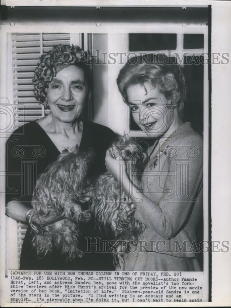 1959 Press Photo Author Fannie Hurst and Actress Sandra Dee With Hurst&#39;s Yorkies - Historic Images