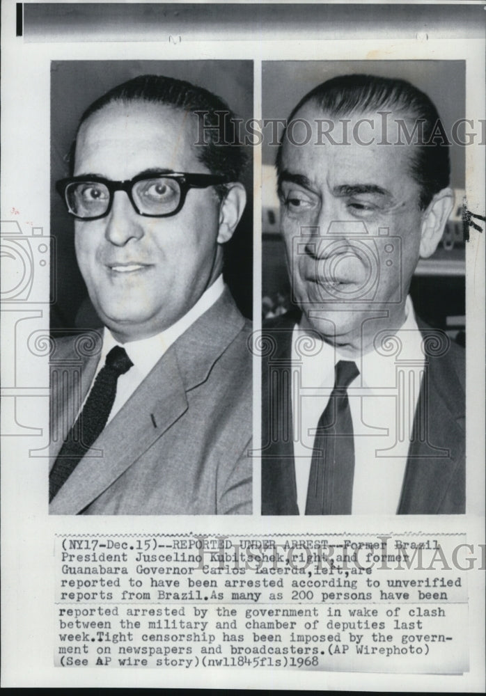 1968 Press Photo Brazilian Presdient Juscelino Kubitschek and Carlos Lacerda - Historic Images