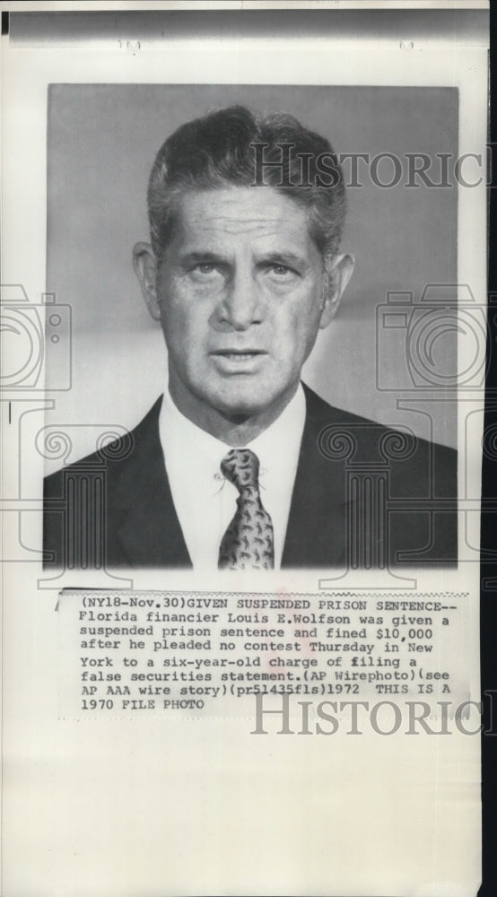 1970 Press Photo Financier Louis E. Wolfson receives suspended prison sentence - Historic Images