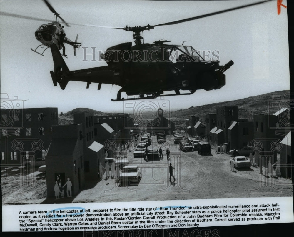 Press Photo Camera team film Blue Thunder a sophisticated attack helicopter-Historic Images