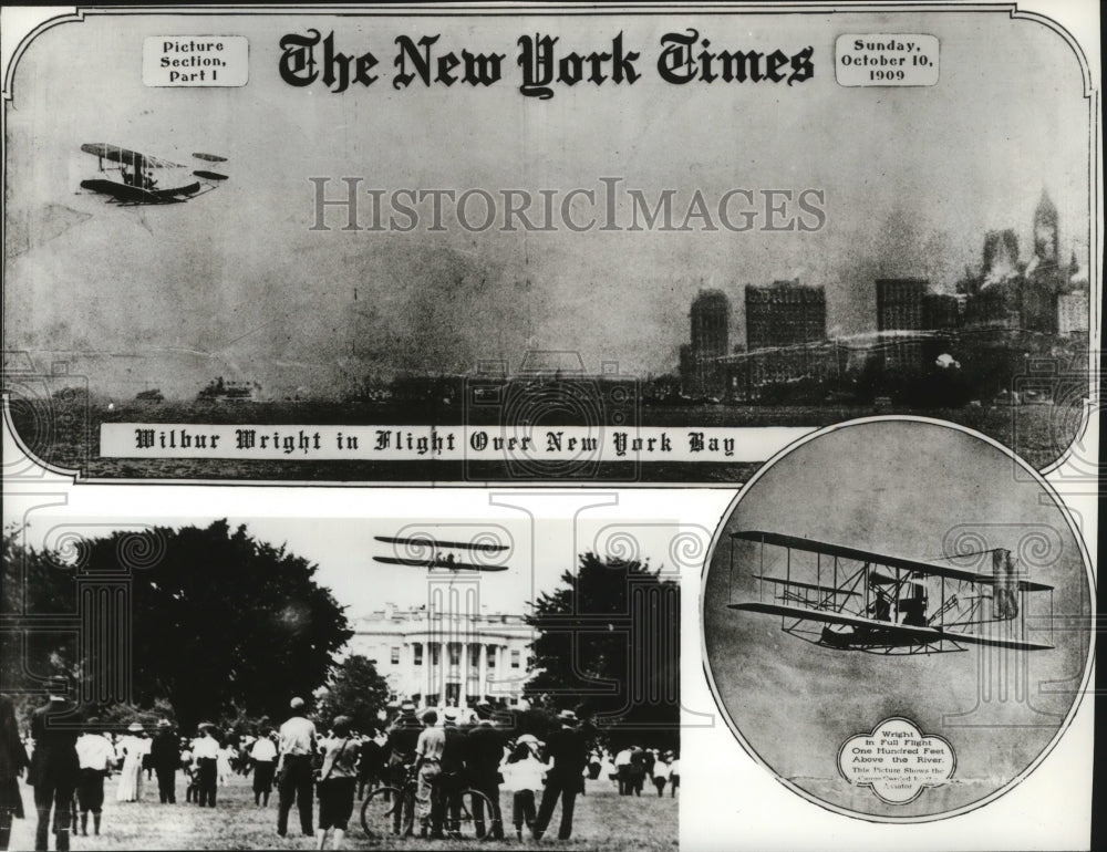 Orville &amp; Wilburn Wright Fly Over NY Bay and White House - Historic Images