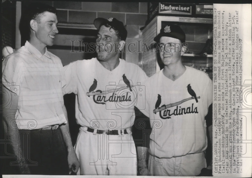 1957 Press Photo Cardinal's Fred Hutchinson, Von McDaniel & Billy Muffett- Historic Images