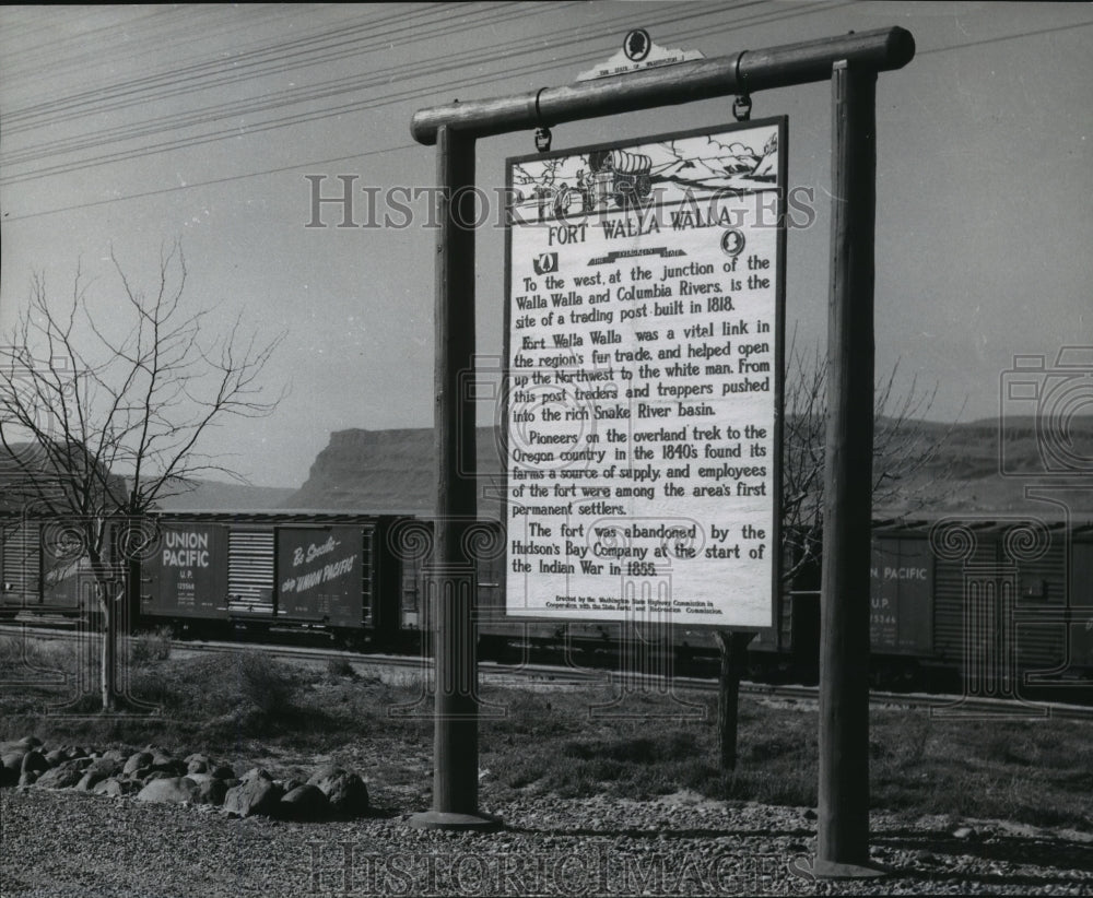 1961 Press Photo Fort Walla Walla Historic Site Sign, Washington - Historic Images