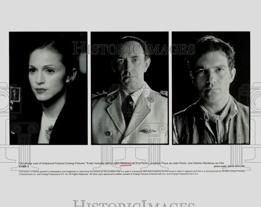 1996 Press Photo Madonna, Jonathan Pryce, Antonio Banderas in "Evita" - Historic Images