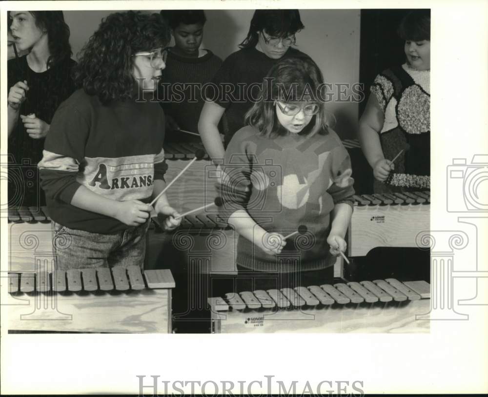 Oswego Sixth Grade Festival Chorus Xylophone Players at Rehearsal - Historic Images