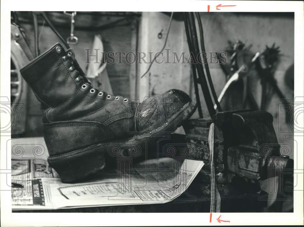 1991 Boot at Widrick's Shoe Repair in Lowville - Historic Images