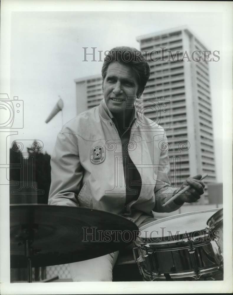 Press Photo Actor Don Matheson Drumming at Television's "Land of the Giants" Set - Historic Images